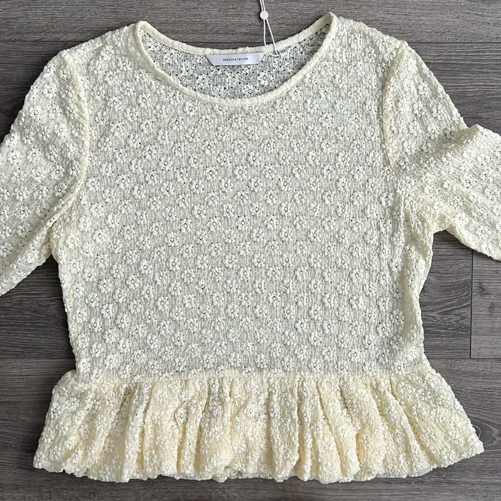 REBECCA TAYLOR Lace Peplum Top XL Antique Cream Floral Cloque Coquette Boho NWT